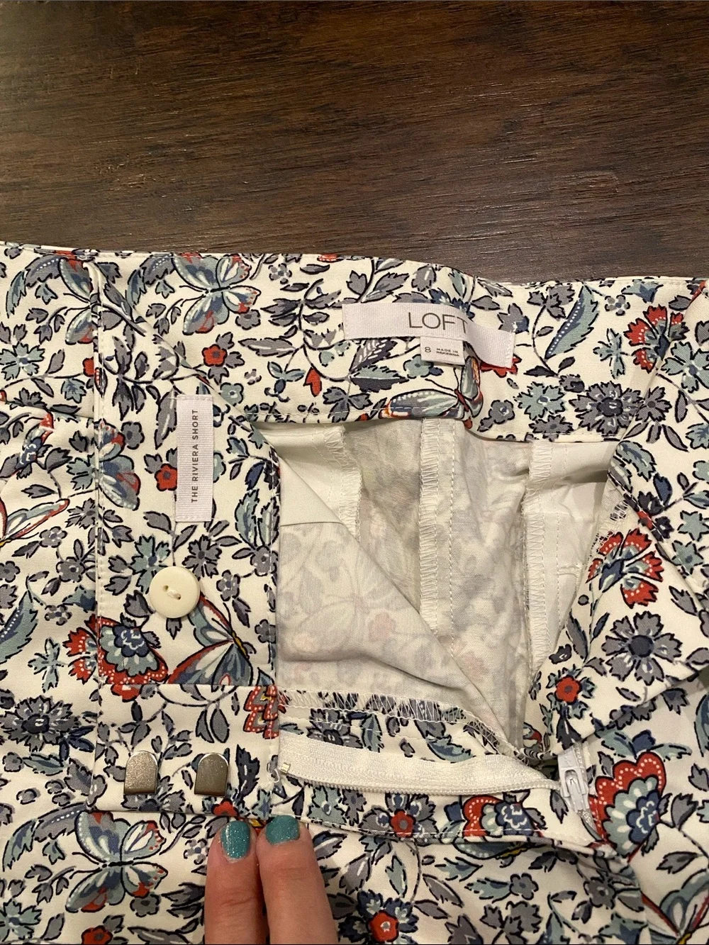 LOFT Floral Cotton Shorts - White with Red & Blue Flowers